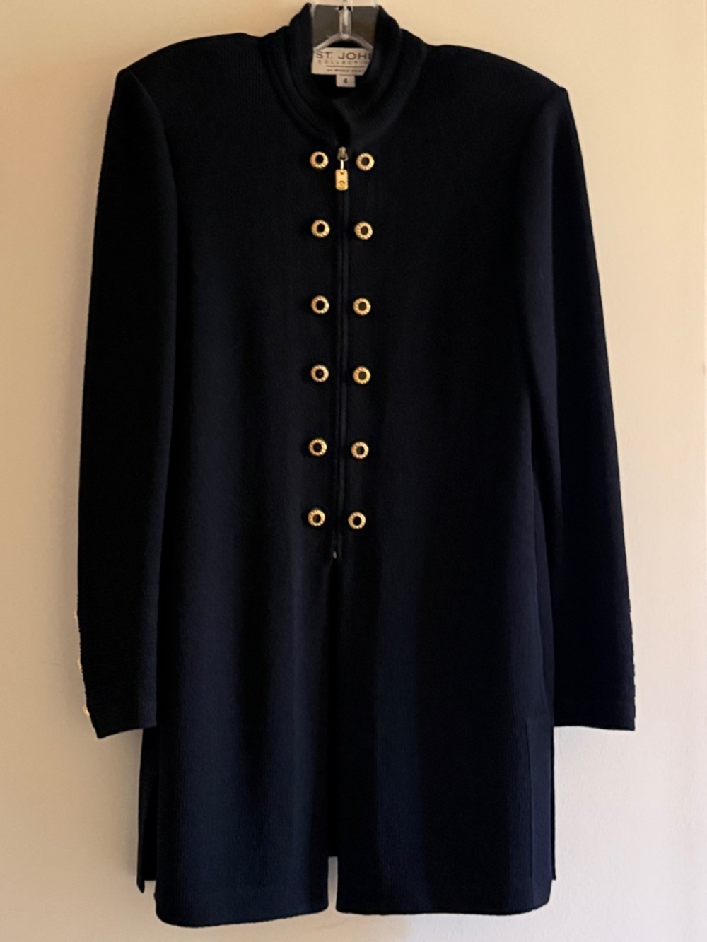 St. John Collection Black Longline Knit Tunic Zip Up Jacket Gold Accents Sz. 4